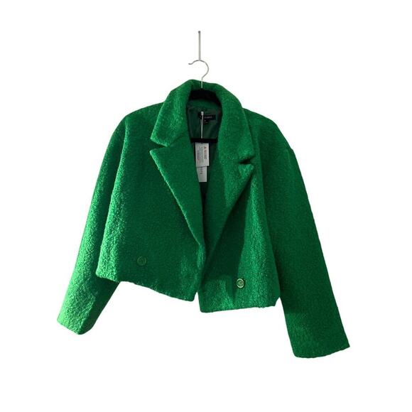 NWT Hers &‎ Mine Cropped Fuzzy Jacket Open Front Womens Green Size Medium - Picture 3 of 5